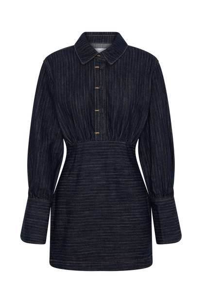 Zarah Denim Long Sleeve Mini Dress Indigo Pinstripe