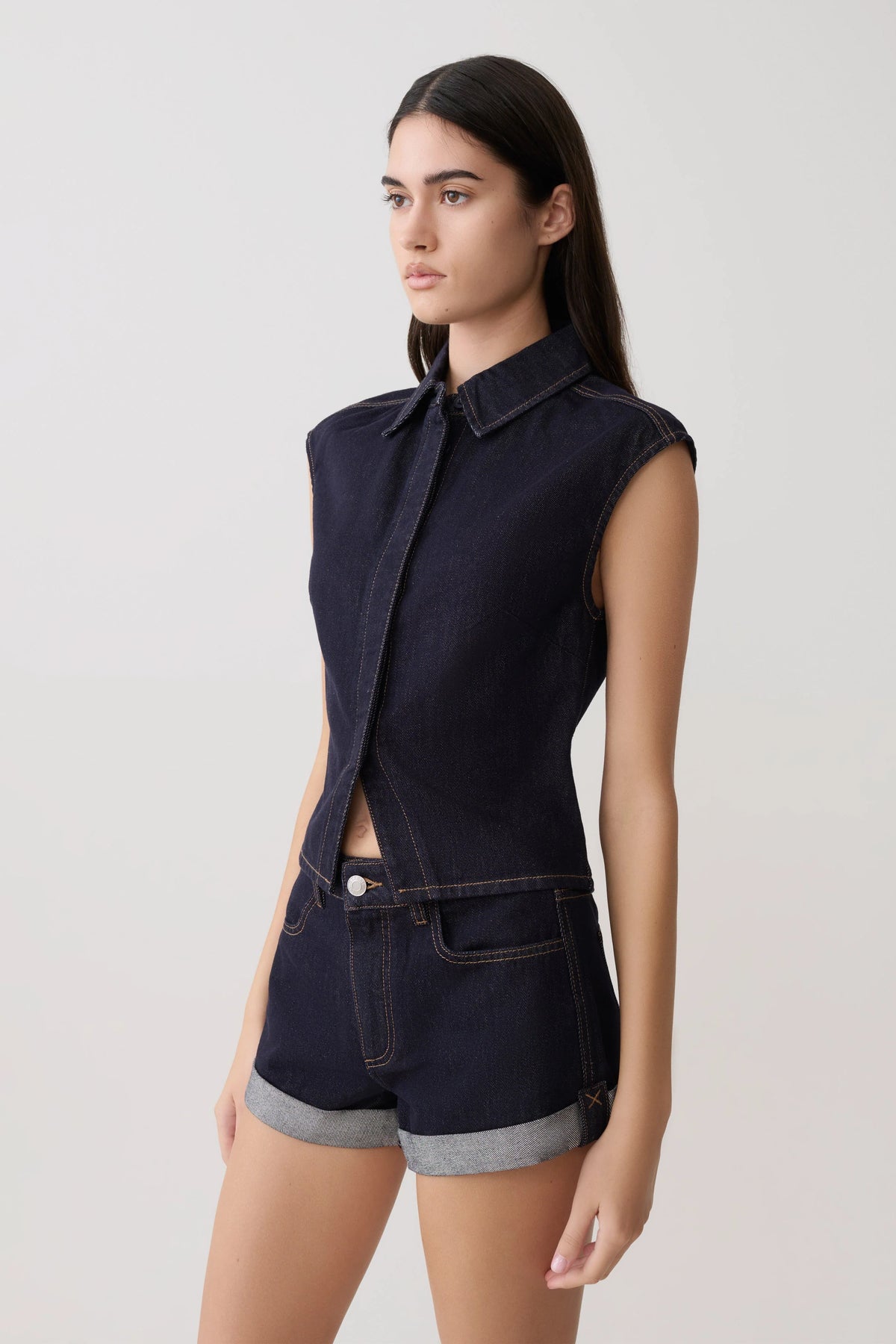 Jeremy Collared Denim Longline Top Washed Indigo Blue