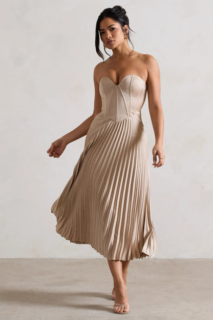 Bordeaux Champagne Satin Corset Style Midi Dress