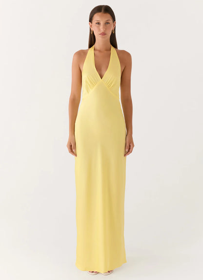 Heavy Hearted Satin Maxi Dress Lemon
