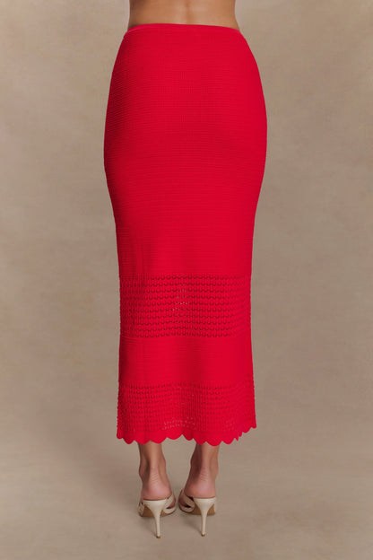 Madeline Scallop Knit Midi Skirt Red
