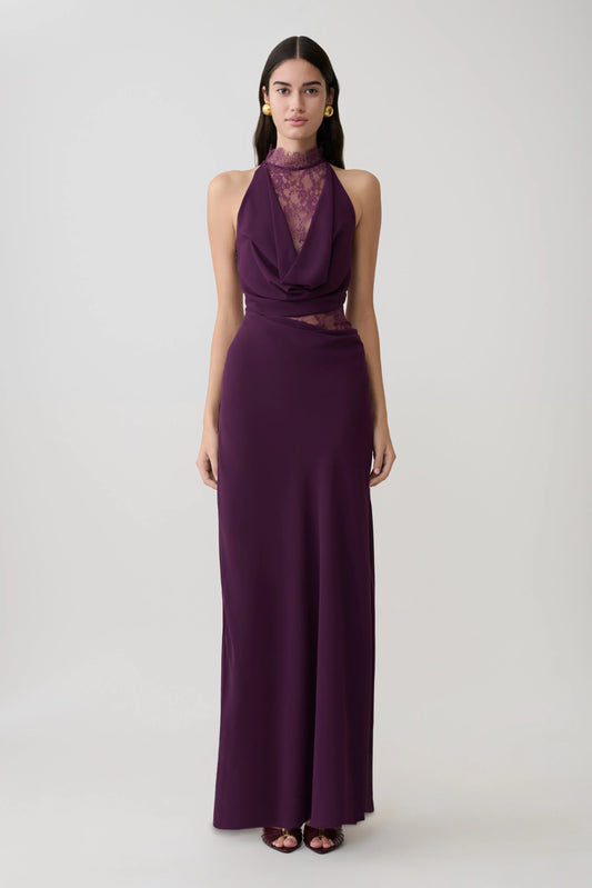 Arra Chiffon And Lace Halter Maxi Dress Plum