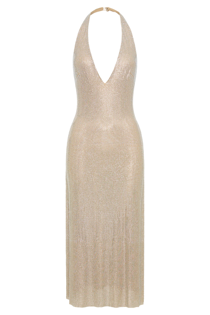 Genie Diamante Halter Midi Dress Nude