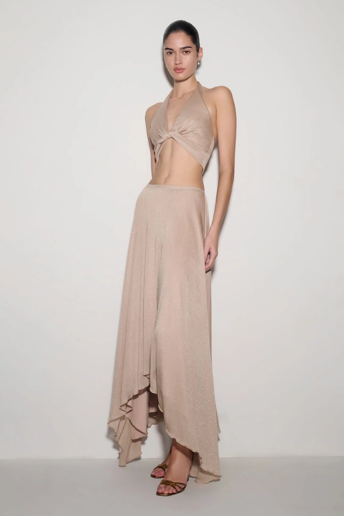 Nola Draped Lurex Halter Top Gold
