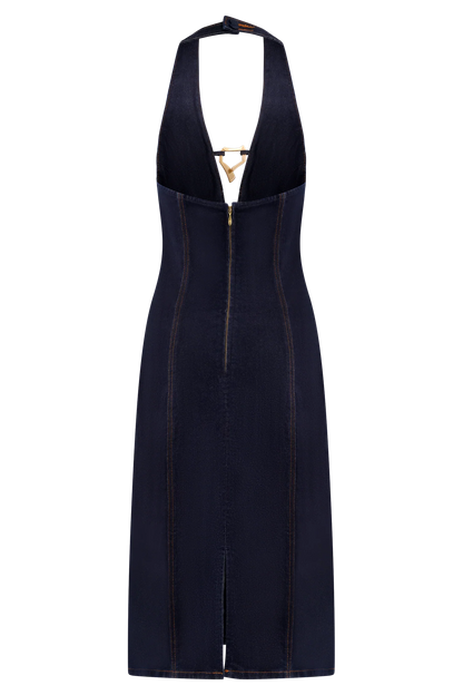 Shauna Denim Halter Midi Dress Indigo Blue