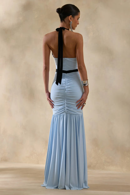Cosmina Powder Blue Plunge Neck Maxi Dress With Bow Detail