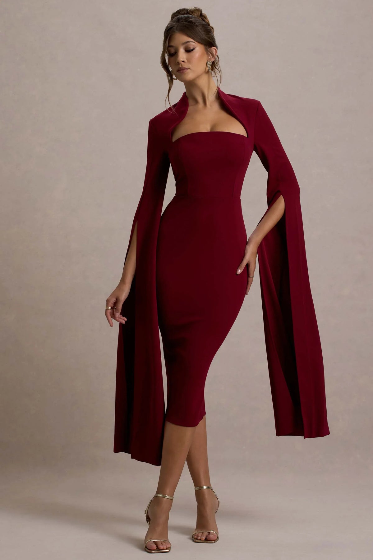 Linden Berry Bodycon Cape Sleeve Midi Dress