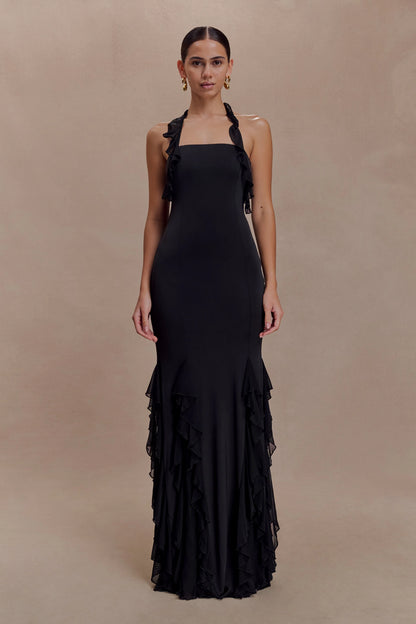 Etta Ruffle Slinky Maxi Dress Black