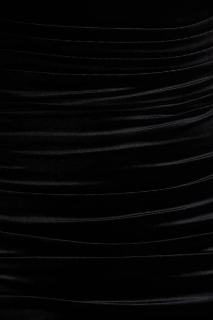 Chrissy Black Velvet Square Neck Midi Dress With Mesh Sleeves And Ruched Detailing