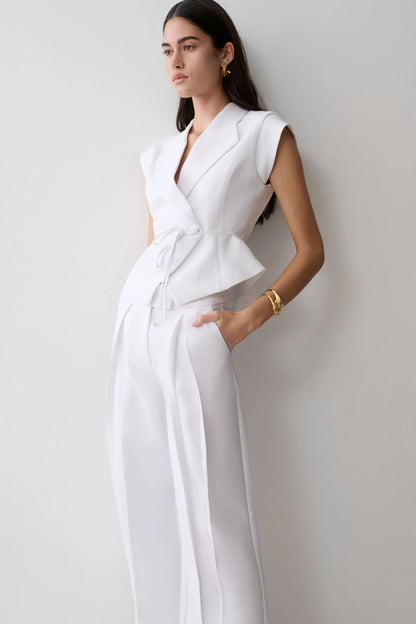Raya Mid Rise Wide Leg Linen Pant White