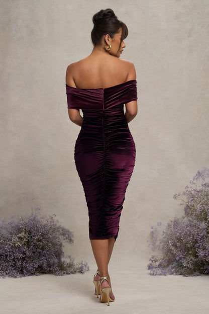 Alyssa Port Velvet Maternity Bardot Bow Maternity Midi Dress with Ruching