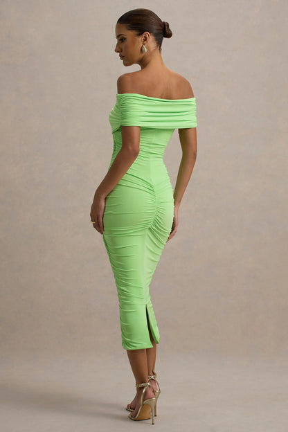 Unwrapped Light Green Ruched Twist Bardot Midi Dress