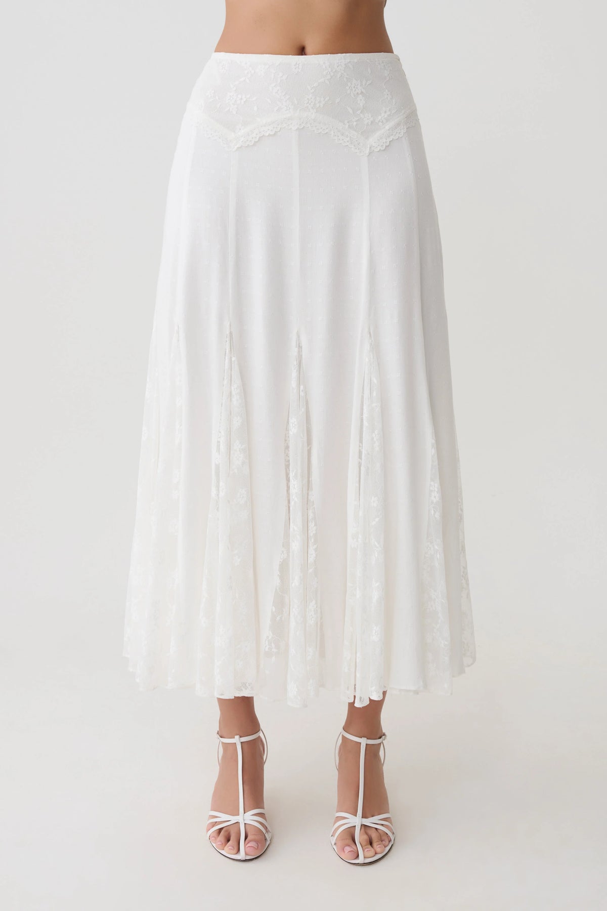 Skylar Lace Panelled Midi Skirt White