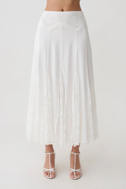 Skylar Lace Panelled Midi Skirt White