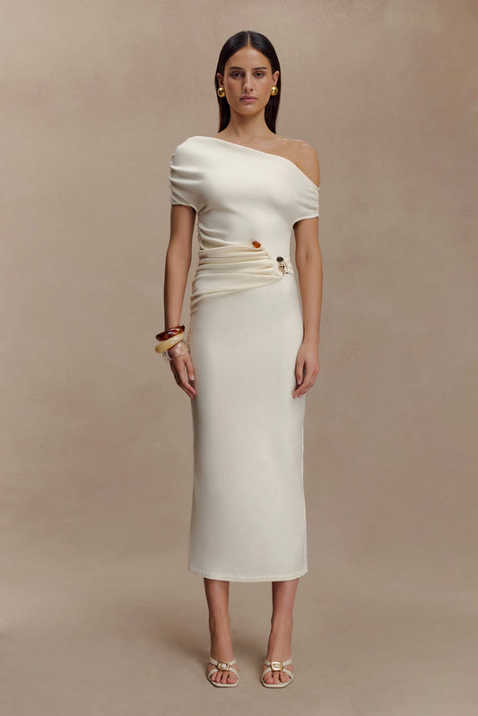 Kendra Scuba Jersey Midi Dress With Hardware Ivory
