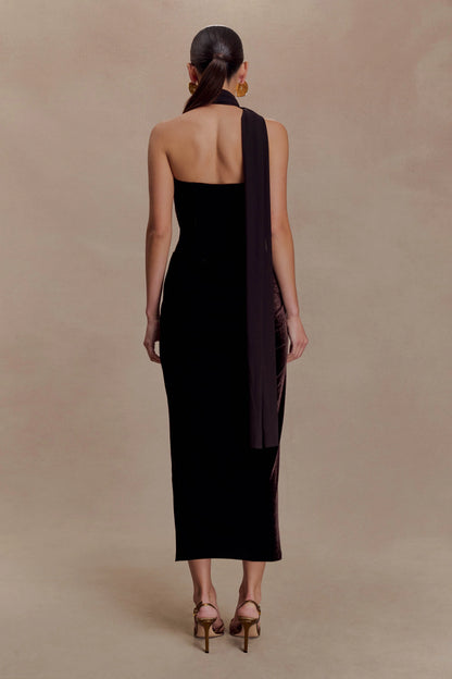 Mattea Velvet Midi Dress With Scarf Chocolate
