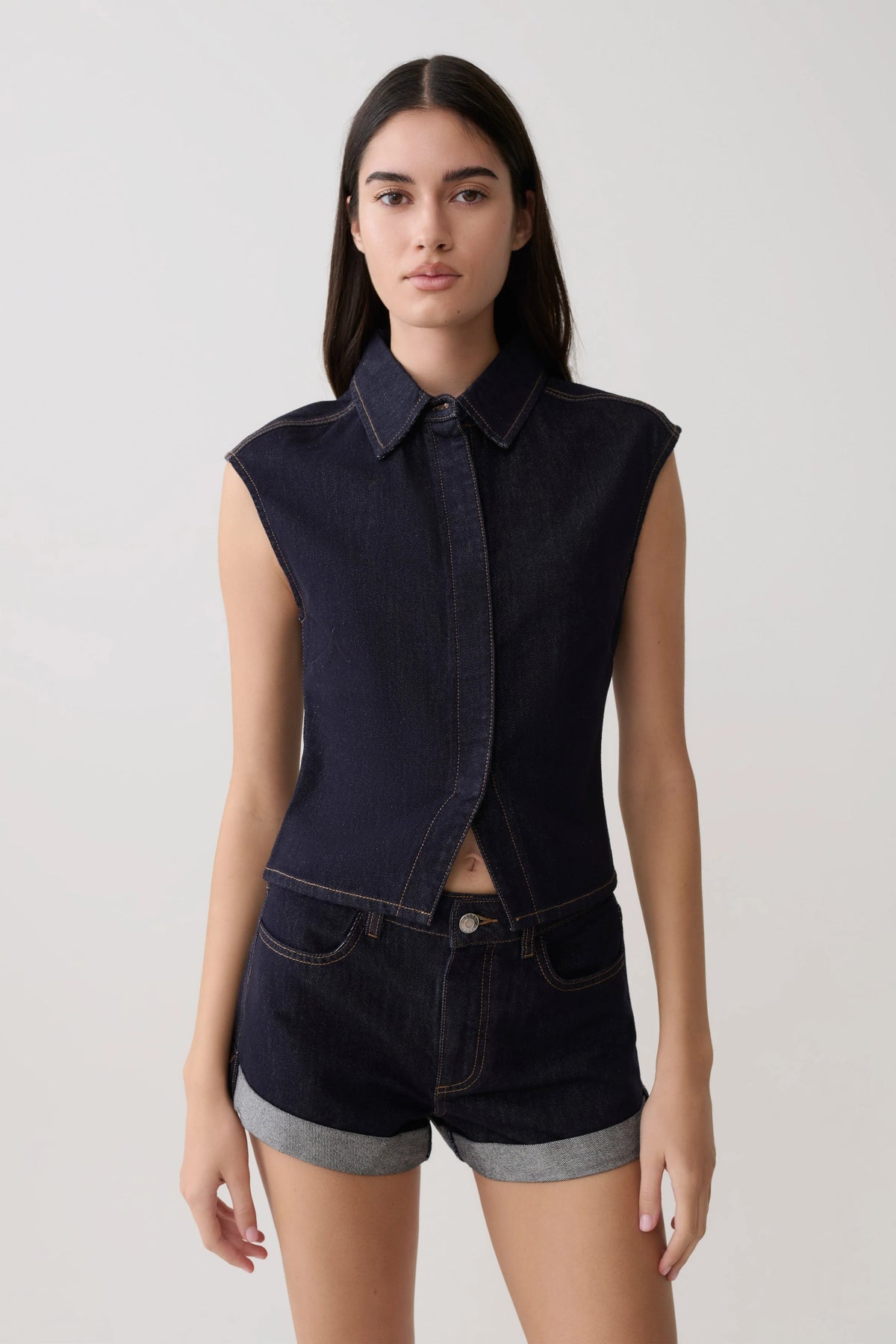 Jeremy Collared Denim Longline Top Washed Indigo Blue