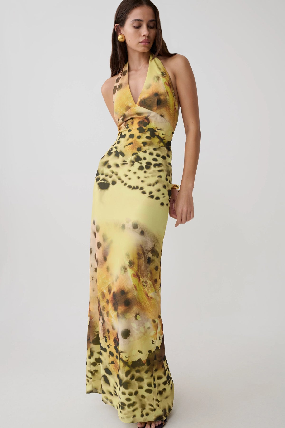 Valentina Chiffon Halter Maxi Dress Yellow Floral Leopard Print