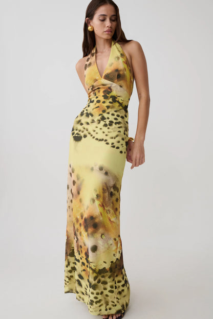 Valentina Chiffon Halter Maxi Dress Yellow Floral Leopard Print