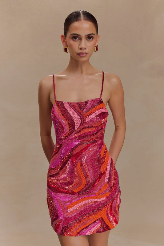 Eloise Hand Beaded Mini Dress Pink Swirl Print