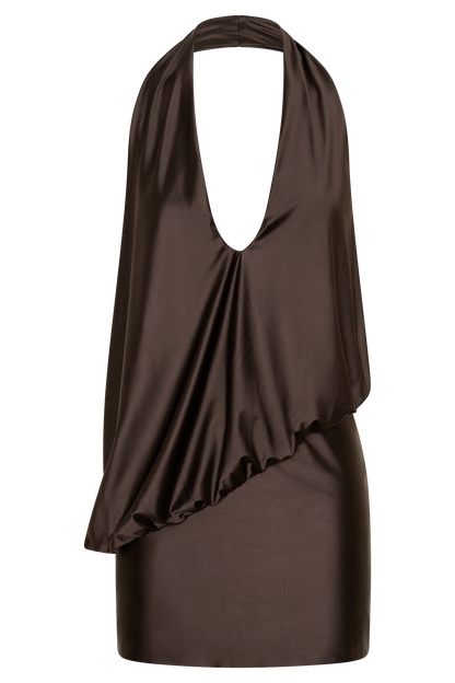 Arabel Draped Halter Mini Dress Chocolate