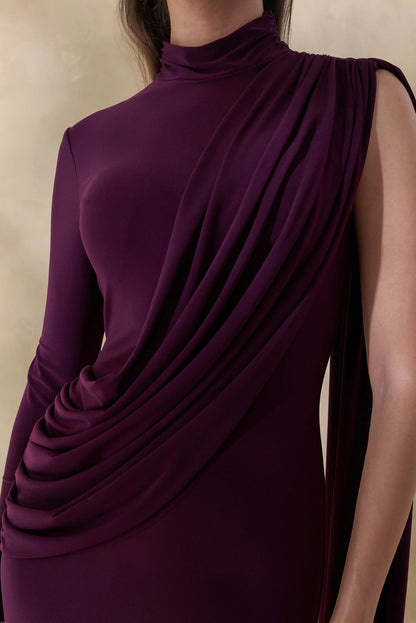 Oliria Dark Plum High Neck Maxi Dress With One Long Sleeve And Sash Detail