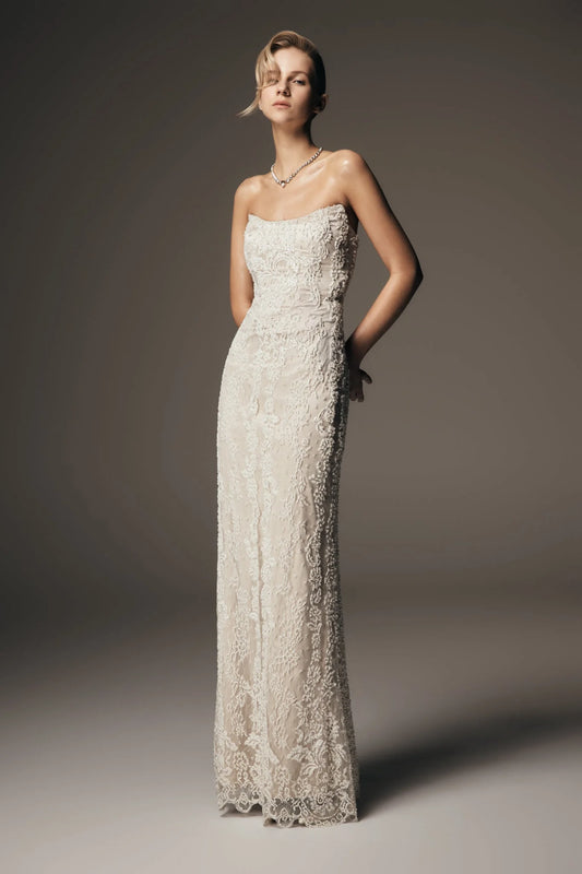 Eva Hand Beaded Pearl Lace Maxi Dress White