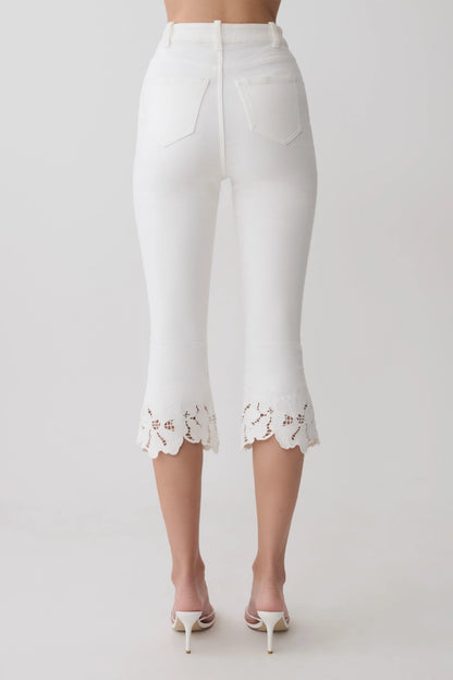 Tillie Flower Embroidery Denim Capris White