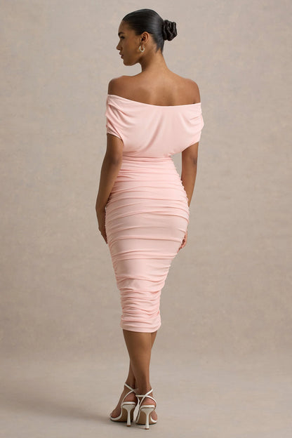 Rayleigh Pink Bardot Ruched Midi Dress