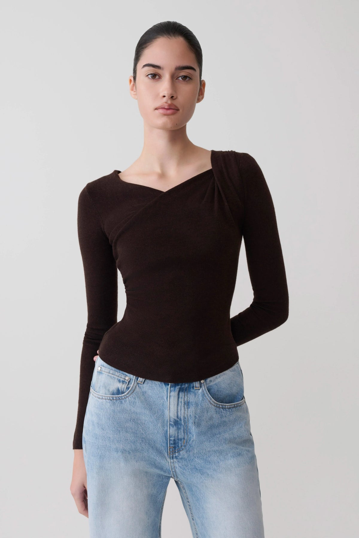 Culver Draped Twist Knit Top Chocolate