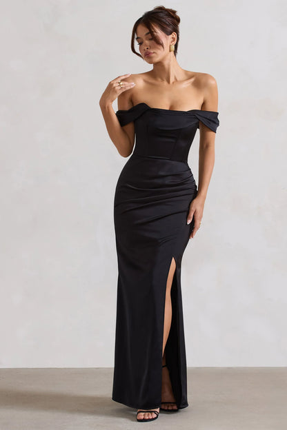 Kimberly Black Bardot Satin Maxi Dress