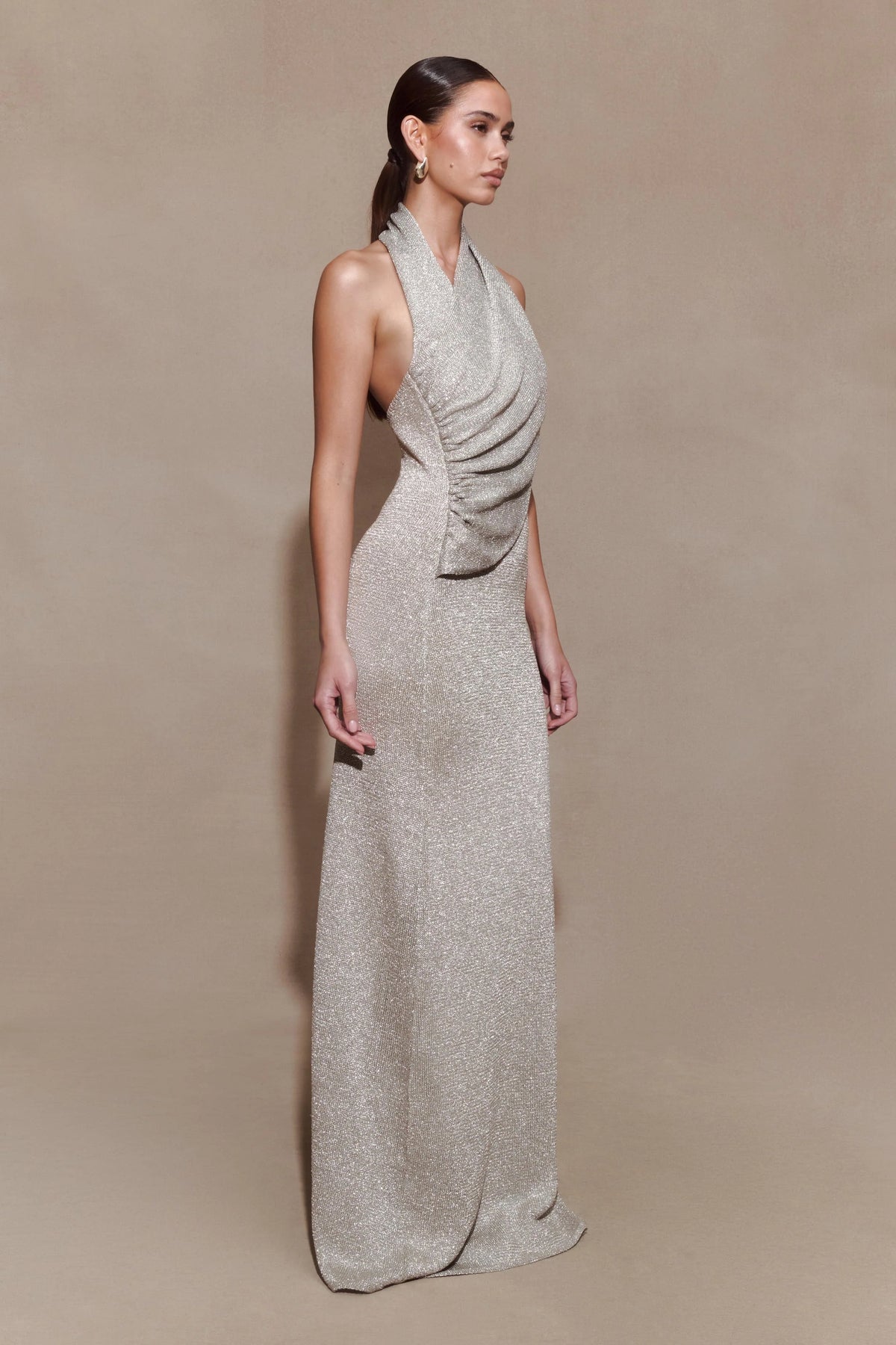 Elma Lurex Knit Halter Maxi Dress Silver
