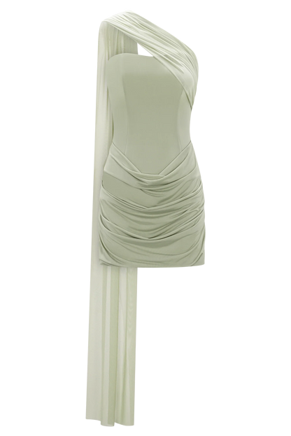 Mattea Slinky And Mesh Mini Dress With Scarf Sage