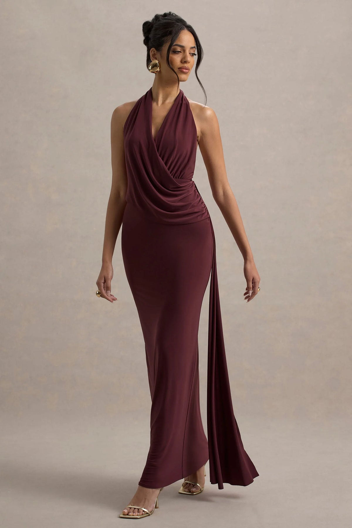 Rosina Burgundy Halter Neck Draped Maxi Dress With Sash