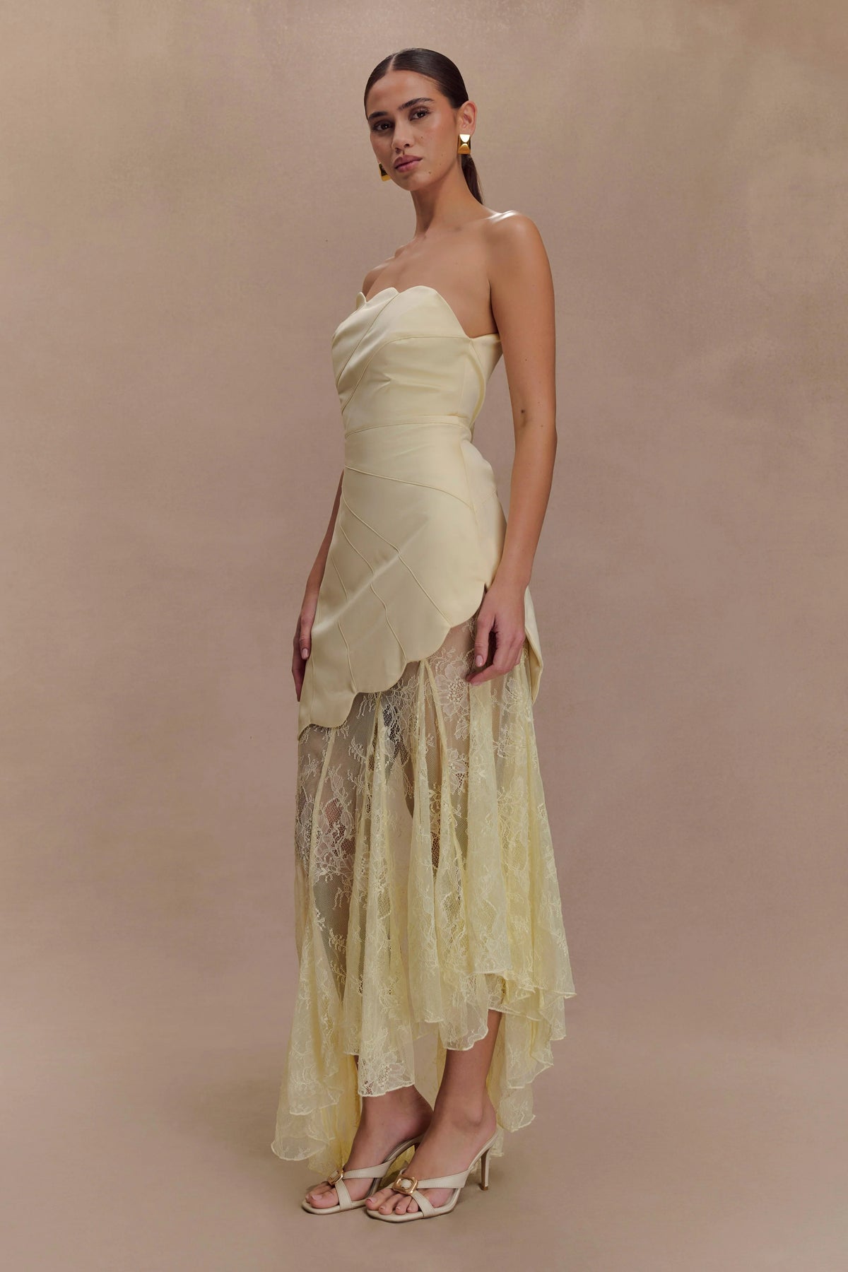 Aleena Satin And Lace Maxi Dress Lemon