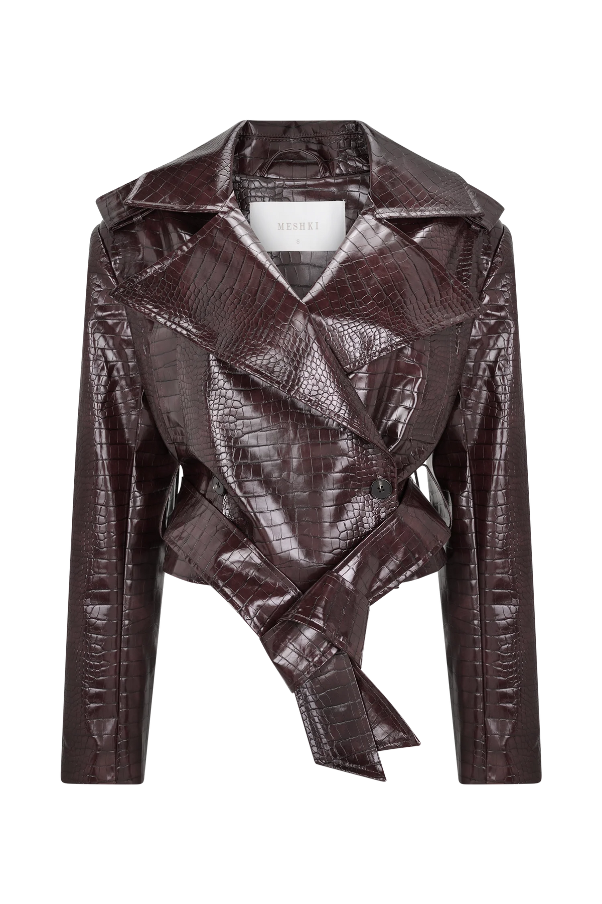 Archie Croc Faux Leather Cropped Jacket Burgundy