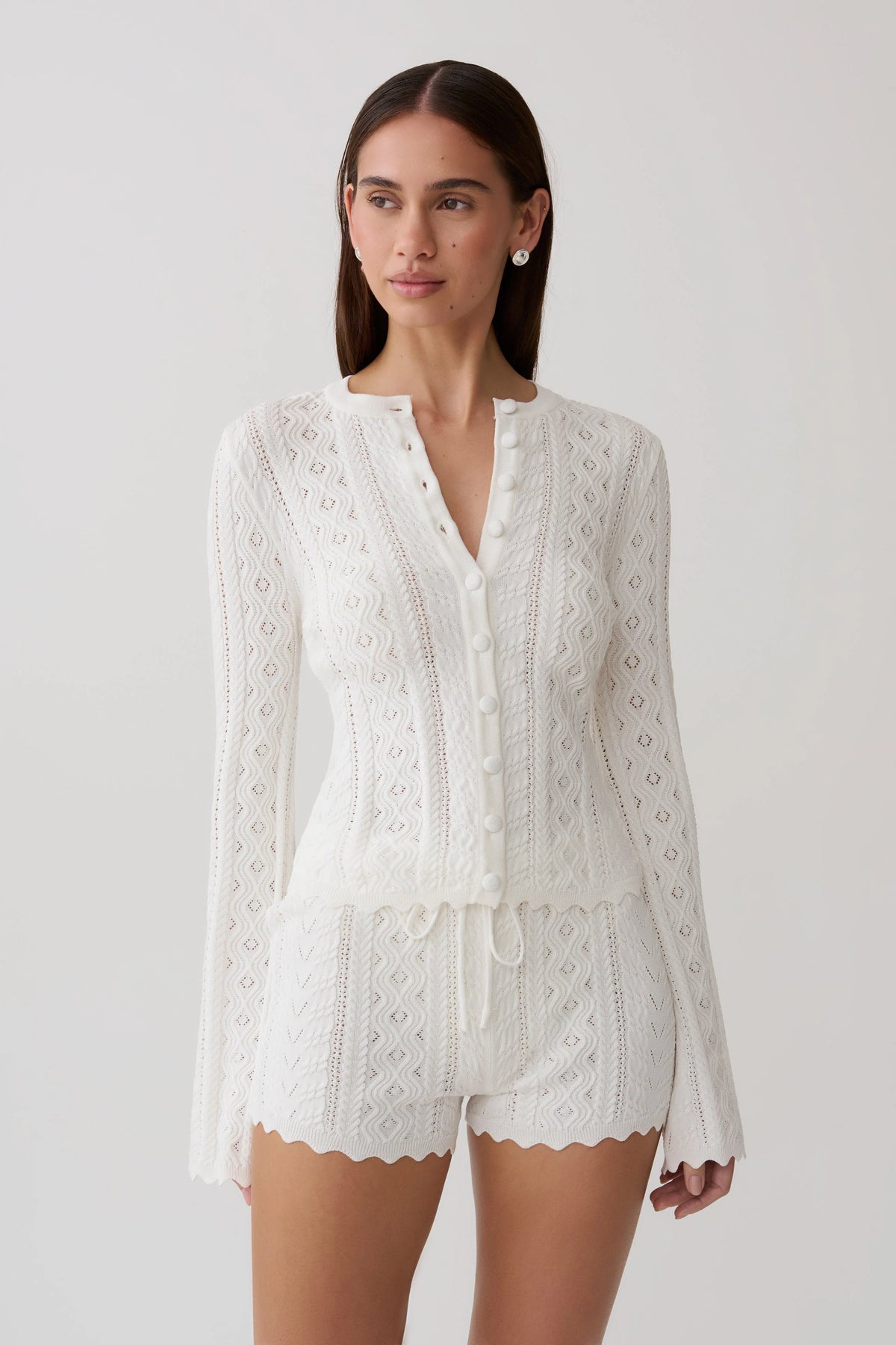 Darlene Pointelle Knit Long Sleeve Top White