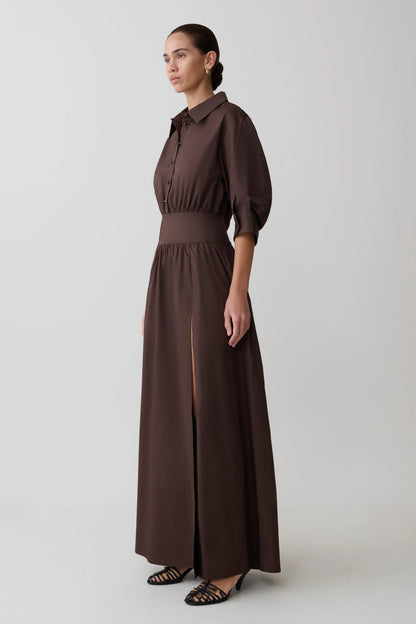 Isolde Long Sleeve Cotton Maxi Dress Dark Chocolate