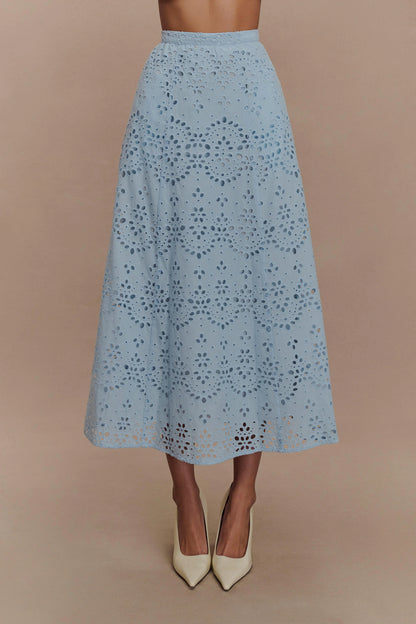 Arla Broderie Midi Skirt Pale Cornflower Blue