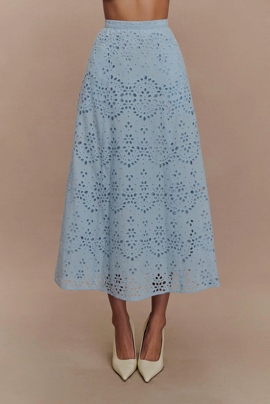 Arla Broderie Midi Skirt Pale Cornflower Blue