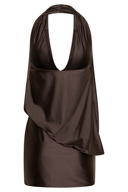 Arabel Draped Halter Mini Dress Chocolate