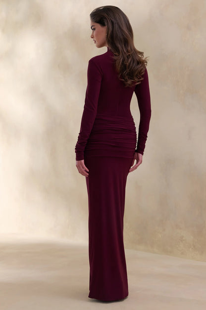 Ambrette Dark Plum High Neck Maxi Dress With Gathered Detailing