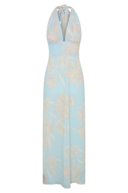 Nadine Halter Scarf Chiffon Maxi Dress Blue Floral Print