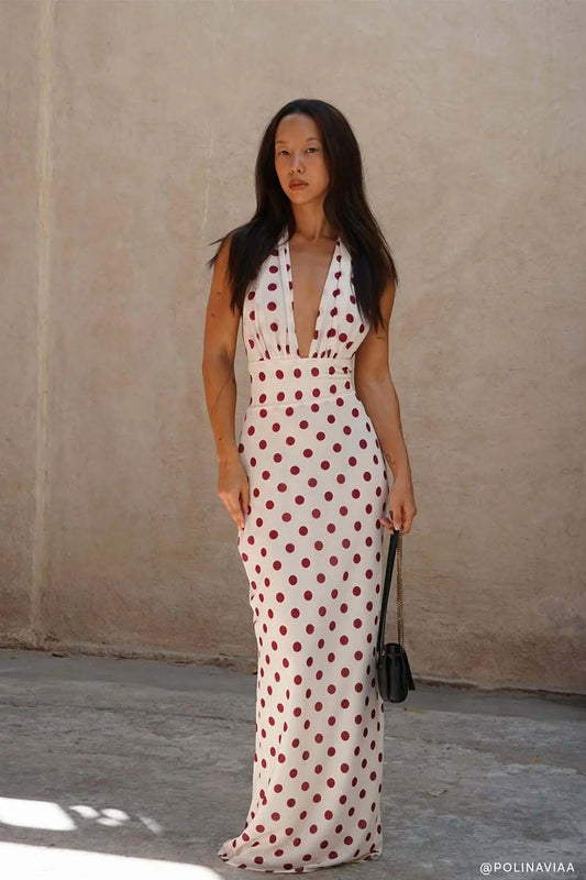 Nadine Halter Chiffon Maxi Dress Ivory Merlot Polka Dot
