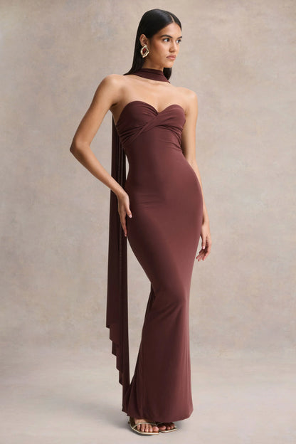 Sheila Dark Brown Bandeau Maxi Dress With Scarf Detail