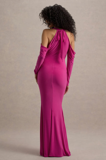 Hurghada Hot Pink Plunge Neck Long Sleeve Maxi Dress