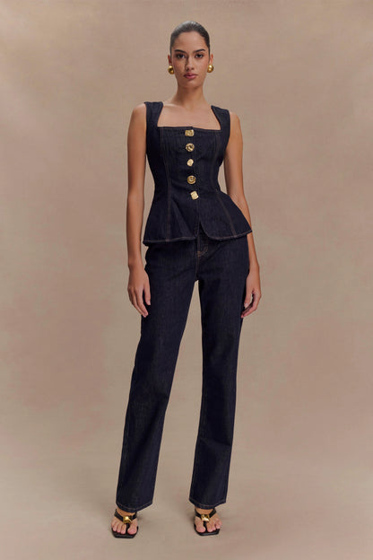 Neve Sleeveless Buttoned Denim Top Washed Indigo Blue