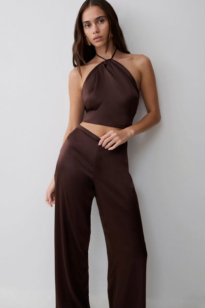 Mariana Halter Silk Blend Sleeveless Top Dark Chocolate