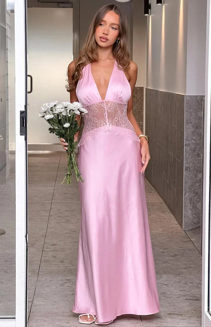 Divandi Pink Lace Halter Neck Formal Maxi Dress