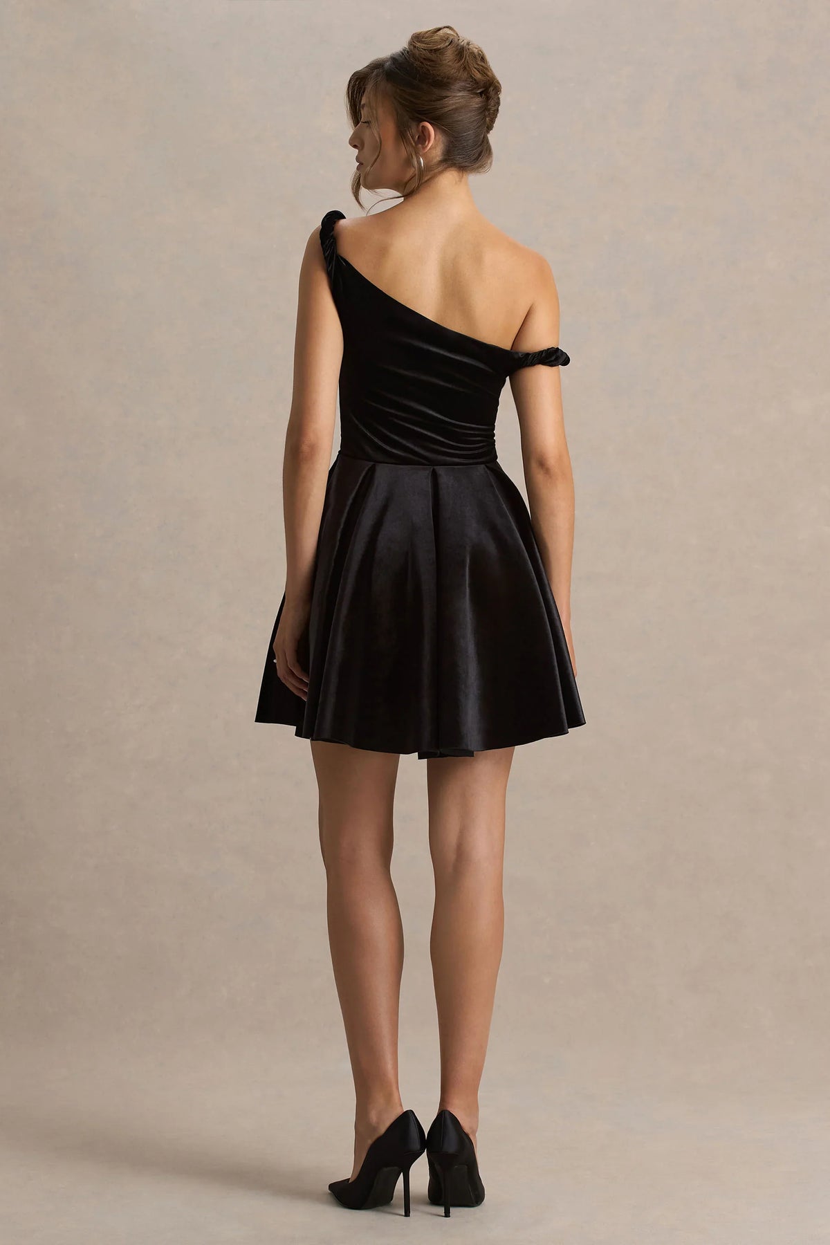 Leticia Black Asymmetric Neck Velvet Mini Dress With Twist Sleeve